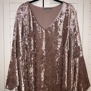 Crushed Pink Velvet Blouse W/ Long Bell Sleeves